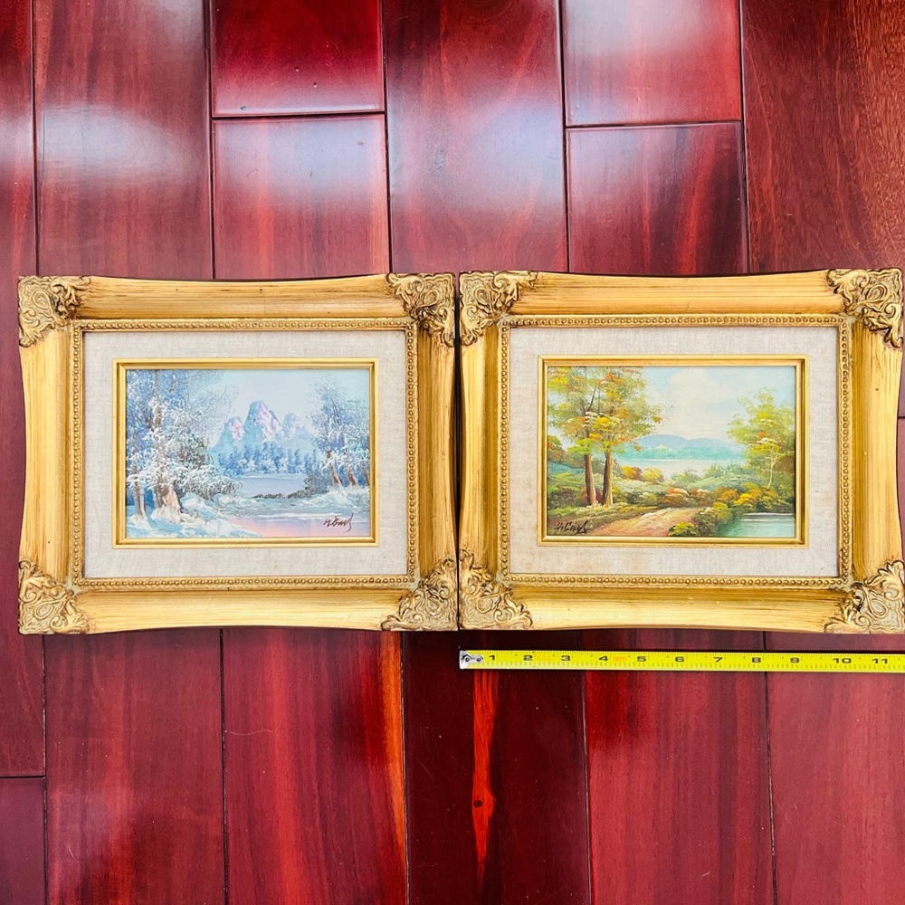 Vtg Oil Painting Landscape Framed and Signed Set Of 2 11” x 9”